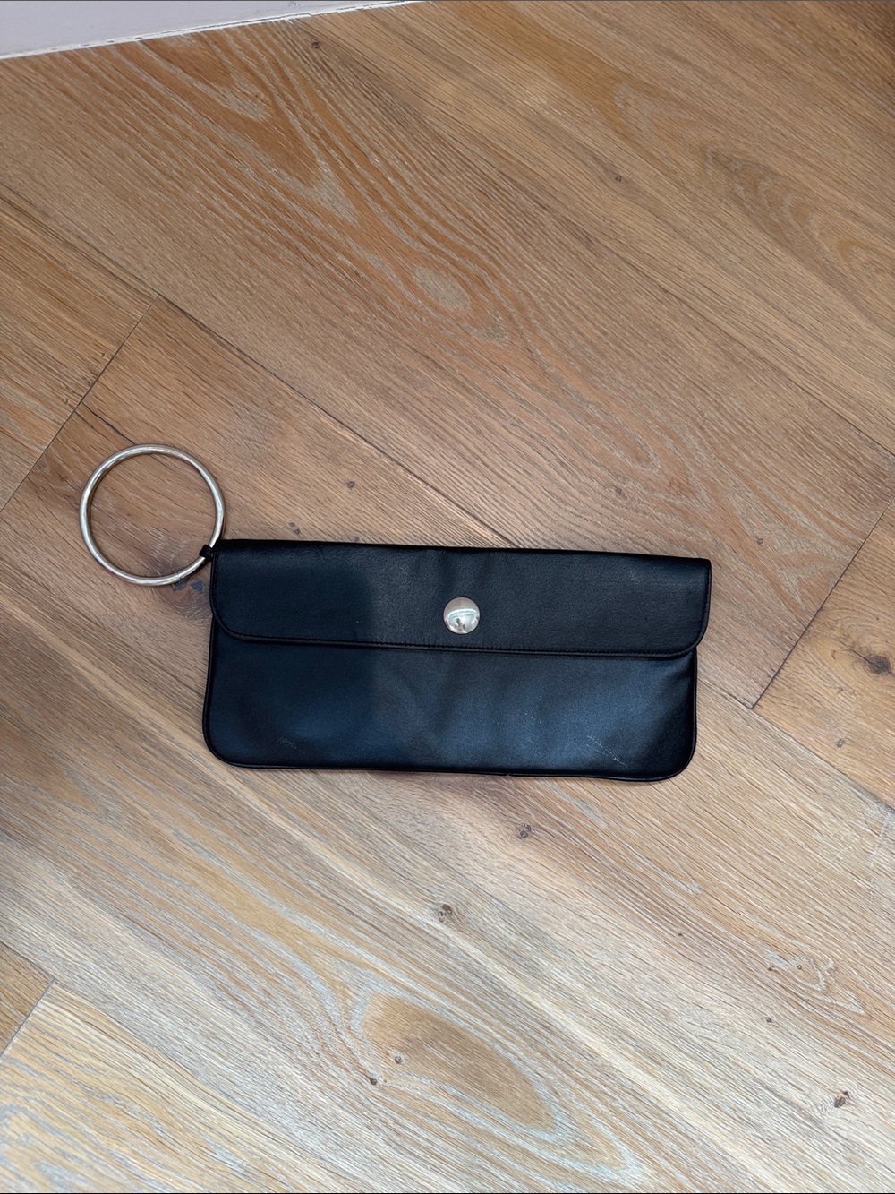 Kooba Black Leather Wristlet Clutch with Silver Ring